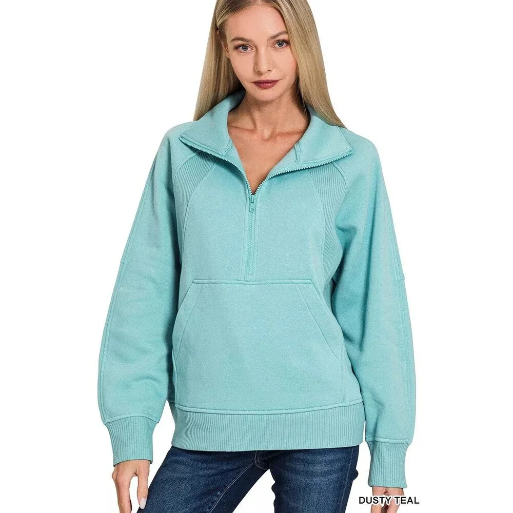 Zenana Half Zip Fleece Sweatshirt with kangaroo Pocket - Picture 2 of 3